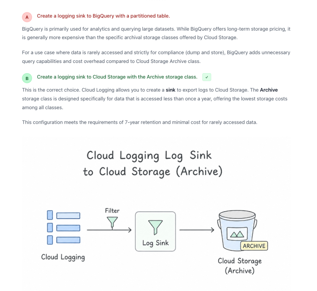 AwesomeGCP Detailed Explanation of Options showing why BigQuery fails and Cloud Storage Archive class succeeds with an explanatory architectural diagram