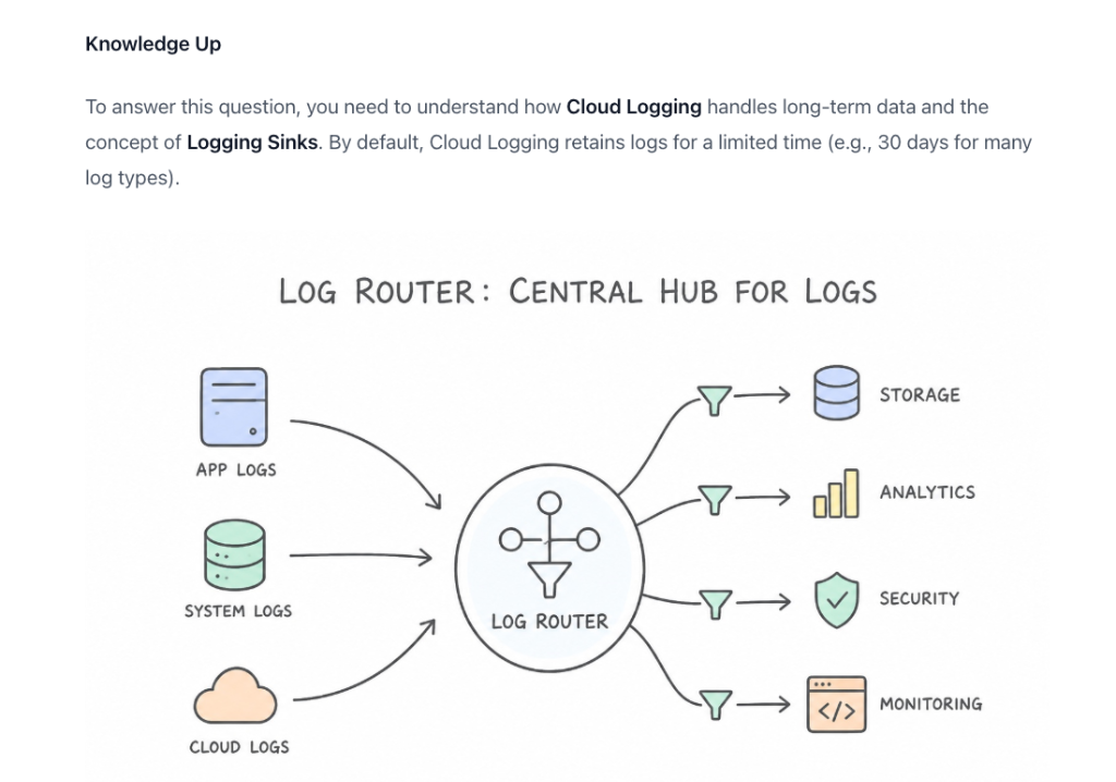 AwesomeGCP Knowledge Up section with explanatory illustration for Log Router and Cloud Logging