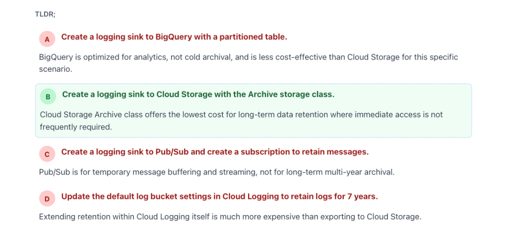 AwesomeGCP TLDR example showing concise one-sentence reasons for each option to accelerate error calibration
