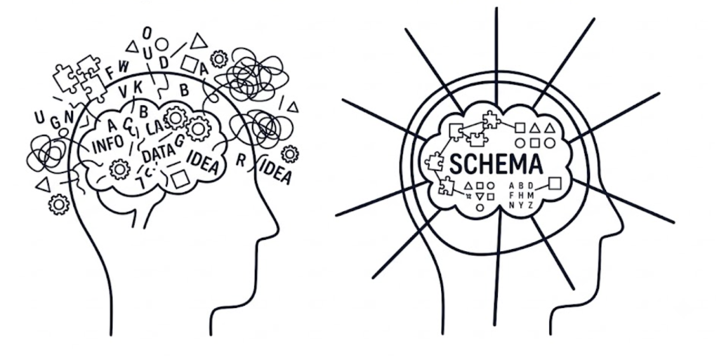 Mental models and cognitive schemas organizing fragmented information into structured, connected knowledge