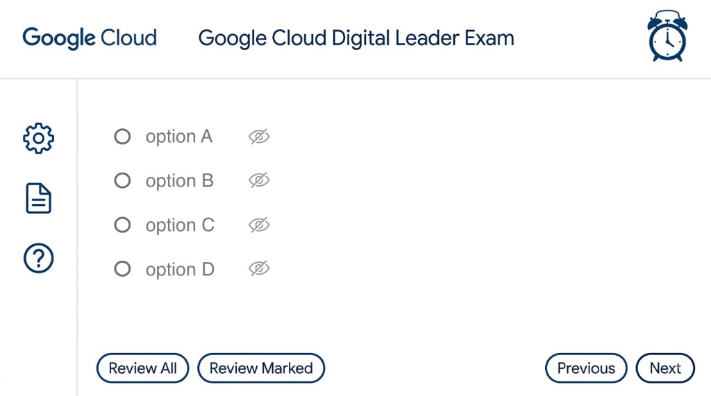 Google Cloud Exam Interface - Navigation, Review All, Review Marked, Option Strikethrough, Previous and Next