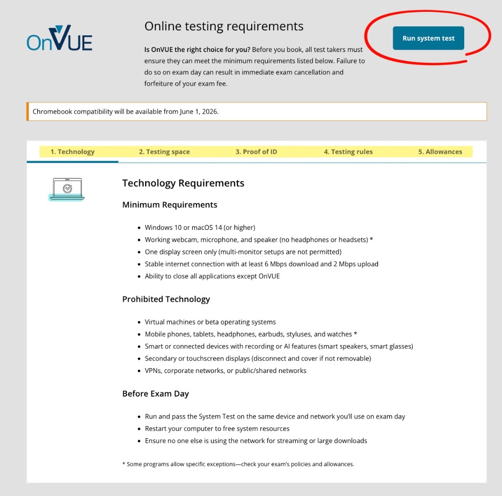 Pearson VUE OnVUE Online Testing Requirements and Run System Test Button