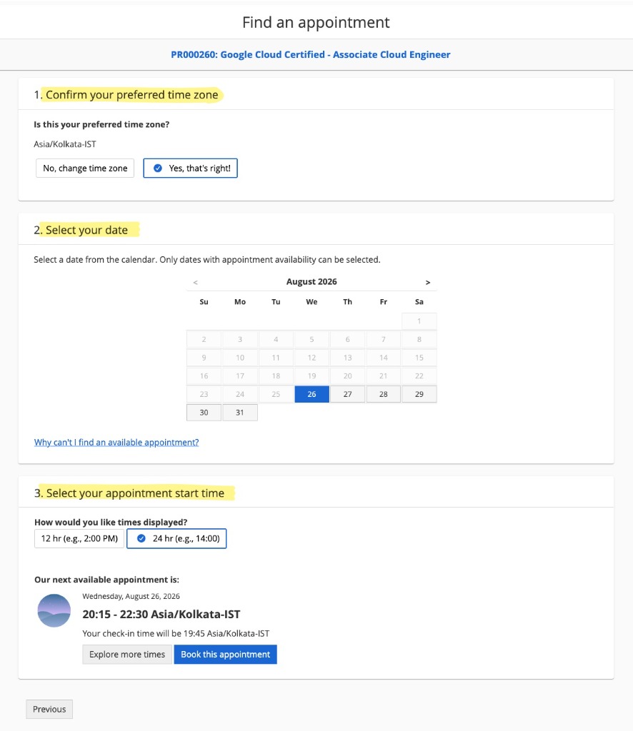 Find an appointment - Confirm time zone, date, and appointment start time