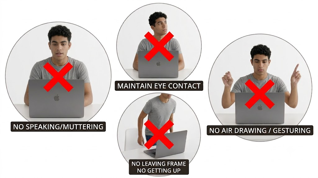 Strict OnVUE In-Exam Rules - No speaking or muttering, maintain eye contact, no leaving frame or getting up, no air drawing or gesturing